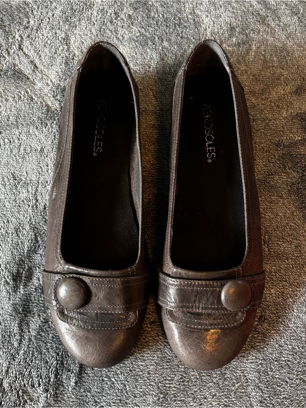 Aerosoles Raspberry Dark Gray Leather Comfort Ballet Flats Size 8.5